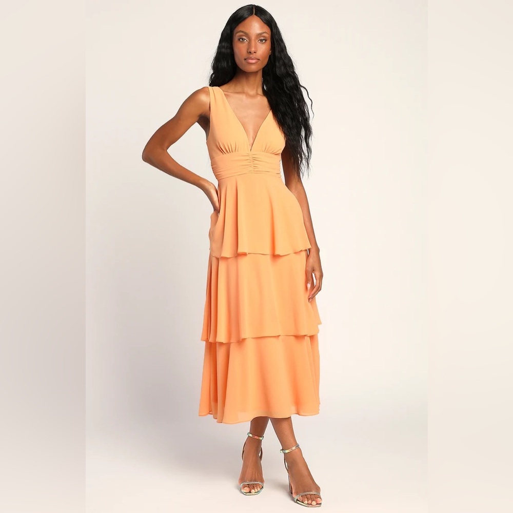 Lulus Celebration Time Light Orange Sleeveless Tiered Midi Dress Small